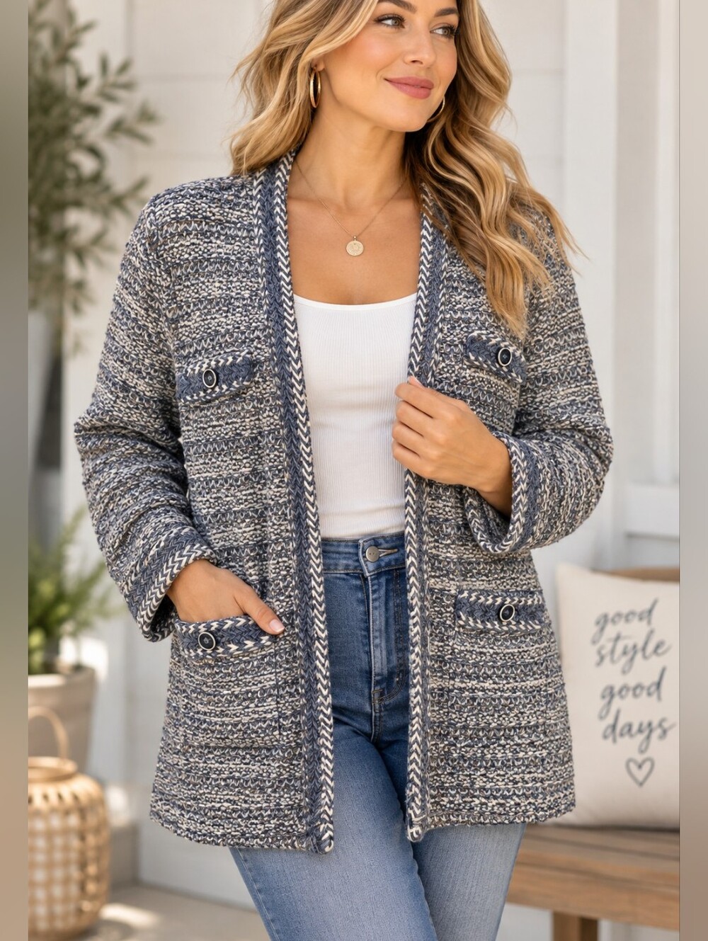 Chico's Blue and White Knit Sweater Cardigan Size 2 Large